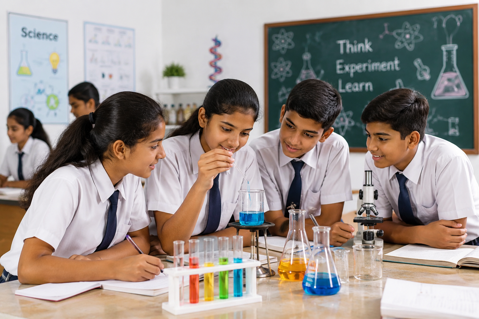Indian school students doing practical learning in a science lab